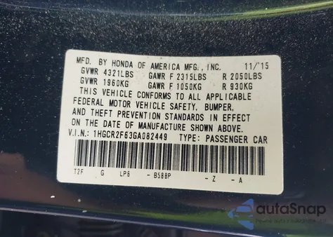 2016 Honda Accord Sport z USA, uszkodzony, nr VIN 1HGCR2F63GA082449